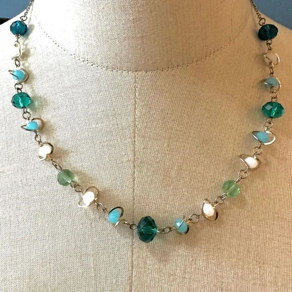 Gold tone blue green  crystal necklace